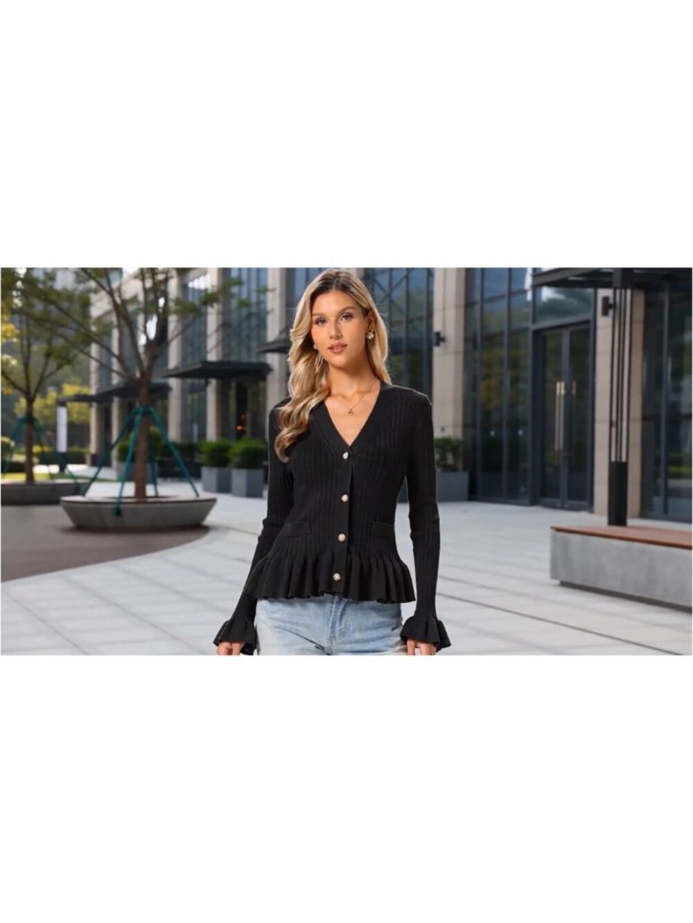 V Neck Ruffle Hem Long Sleeve Cardigan Sweater Pearl Buttons - Picture 6 of 6